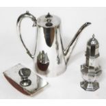 A blotter of typical form, marked 'Silver', together with a Victorian silver plated coffee pot and a