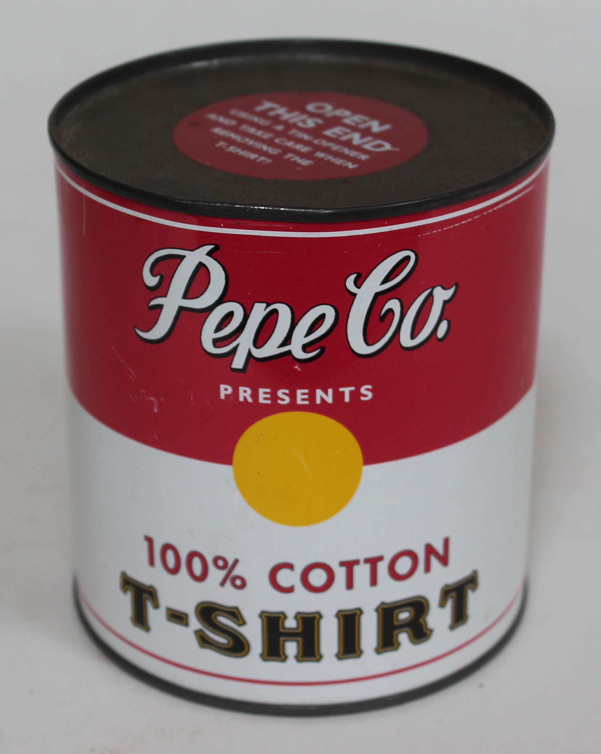 A Pepe Co T-Shirt in a can circa 1990, sealed.