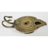 A brass Victorian oil lamp in ancient Egyptian style, stamped B&AB Patent, length 19cm.