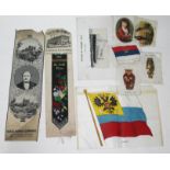 Two Stevengraph silk bookmarks and other silk items.