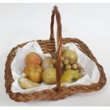 A basket of Italian stained alabaster fruit comprising two bananas, lemon, orange, apple, pear,