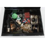 A black metal safe box and contents including bric a brac, costume jewellery, Derby porcelain