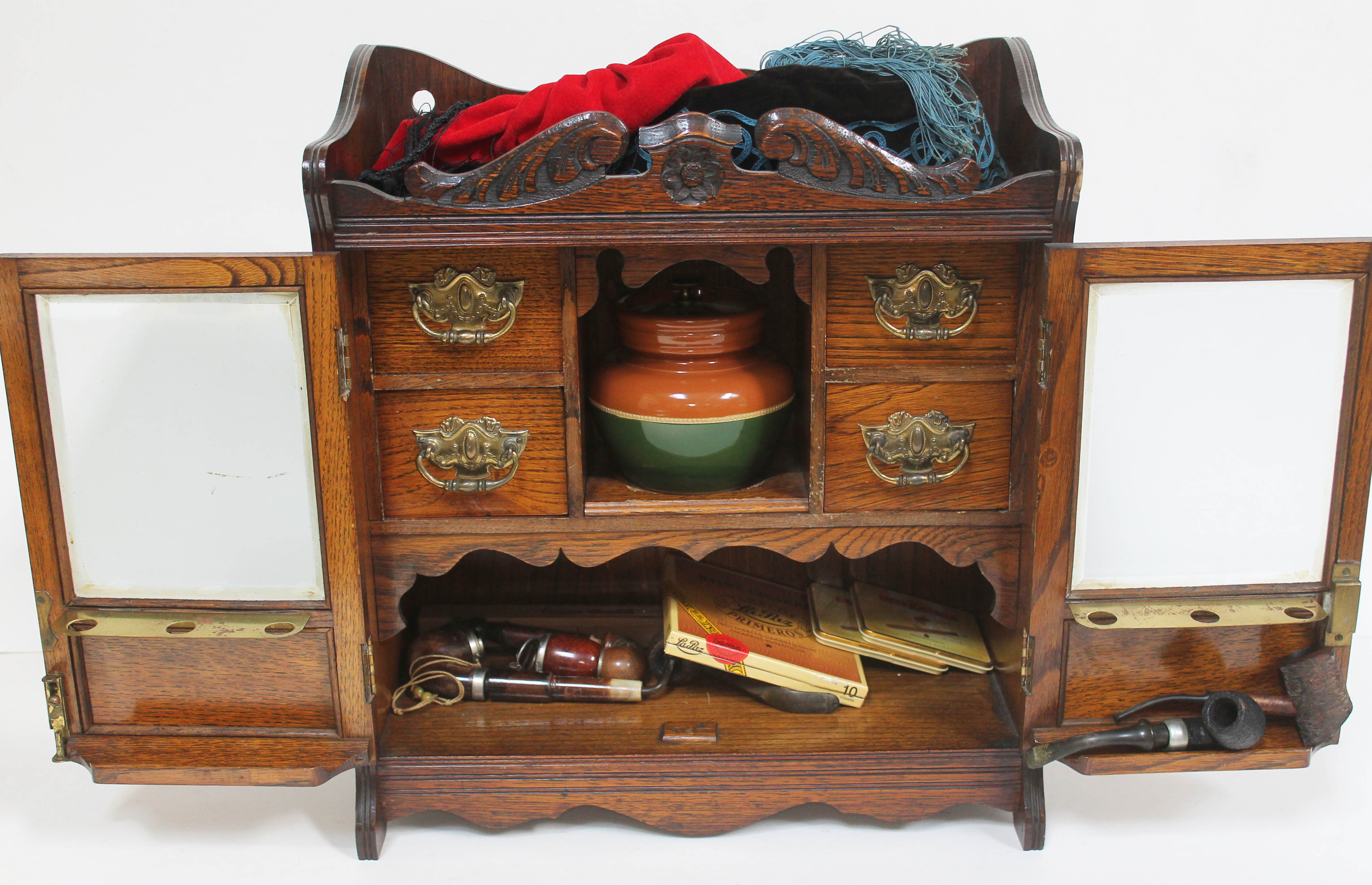 An Edwardian smokers cabinet and accessories including pot, vintage pipes and smoking caps. - Image 2 of 2