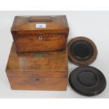 A Victorian walnut sewing box with hinged lid and contents, a Regency rosewood sarcophagus shaped