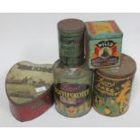 A group of five vintage storage tins, comprising heart shaped Brexide Super Caramels, Thompsons