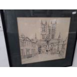Pencil drawing of The West Front of Lincoln cathedral, appx 29 x 32 cm, unsigned, framed and