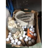 A mixed box including golf balls, bed pan and Lladro figurine (as found)