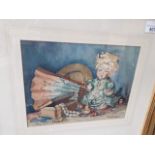 Mary V Jump, still life with doll, watercolour, 26cm x 20cm, signed lower right, glazed and framed.