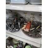 A stainless steel teaset on a tray, together with an epns tray containing mainly cutlery