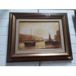 20th century school, harbour scene at dusk, oil on canvas, 34cm x 24cm, signed 'Bailey' lower right,