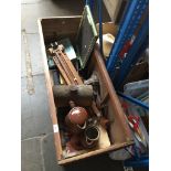 A large trunk of mixed items including vintage tins, stoneware, pottery, artists easel, tray etc