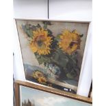 Large 1960s print depicting sunflowers in vase, framed and glazed appx 64 x 72 cm