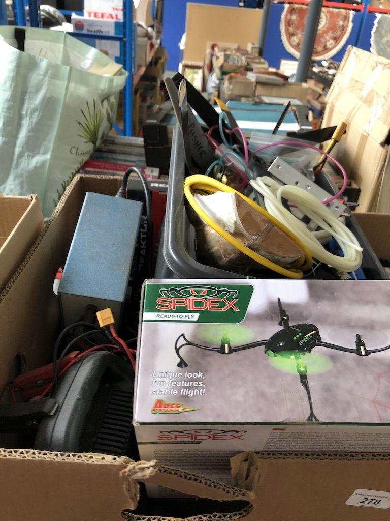 A box of electrics possibly for model making, along with a Spidex ready to fly toy, and a box with