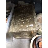 A brass bound coal box with quantity of brassware including horse brasses etc