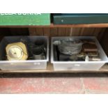 2 plastic drawers of misc items to include brass, gun powder flasks, biscuit barrel, pewter, cut