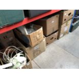 Eight boxes of mixed items including a water softener, glassware, soft toys, wickerware, kitchenware