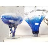 A glass tazza and a large blue glass handkerchief style vase