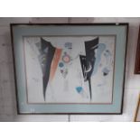 A large abstract print, approx 80x60 cm, glazed and framed appx 102 x 85 cm
