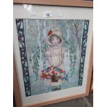 An embroidered picture of a young girl holding a basket of flowers