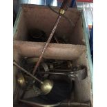 a small box of mainly brassware fireside items