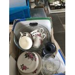 A box of teaware, glass bowls, vases