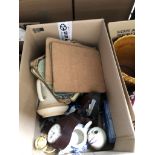 A mixed box including table mats, clock, metronome and pottery etc and a box containing 2 large