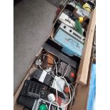 3 boxes of small electrical items including train set controllers etc