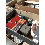 Box of 1950s items including vintage Escalado horse racing game, brass bound tea caddy