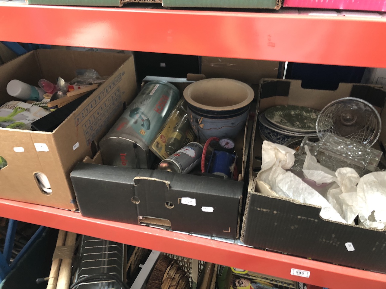 3 boxes of household items including foot pump, glassware, crockery, and kitchenware