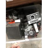 A box of cameras including Practika, Pentax, Fed, etc