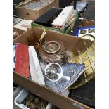 A box of mixed ceramics, copper, glass and other items