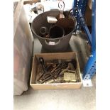 A box of old tools and a galvanised tub of misc.