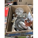 A mixed box containing EPNS, stainless steel, glassware etc