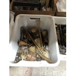A crate of various brassware and soft toys