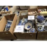 Four boxes of blue and white pottery including Ringtons