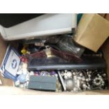 A mixed box including costume jewellery, watches, small tools, mirror etc