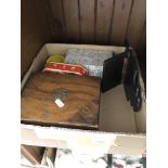 A box of collectables to include wooden box, tin box, letter rack, Wedgwood cruet set and assorted
