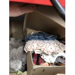 A mixed box including dolls, dolls clothes, soft toys, dominoes etc