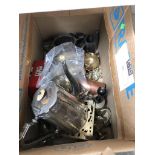 A box of mixed metalware including brass and EPNS