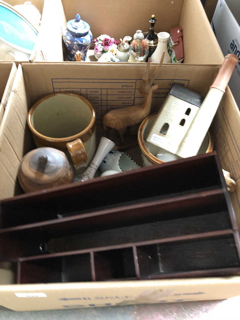 Box of items inc. letter rack, porcelain figure etc.