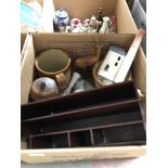 Box of items inc. letter rack, porcelain figure etc.