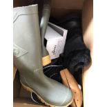 A box of mixed footwear including Dunlop wellingtons size 7