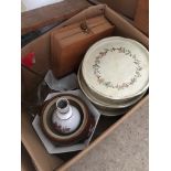 A mixed box including a set of tins, lamp, vase etc