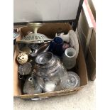 A box of mixed plated ware, glass, ornaments etc