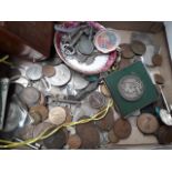 Box of coins and some loose stamps