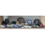 A shelf of mainly studio pottery, various potters and studios, approx. 50 pieces.