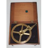 A brass single arm protractor in wooden case.