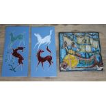 A pair of Flora Gouda Handwerk pottery panels and an Italian coat hook signed 'DeSimone Italy'.