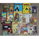A box of vintage comics, magazines and annuals including The Broons, Oor Wullie, Superman annual