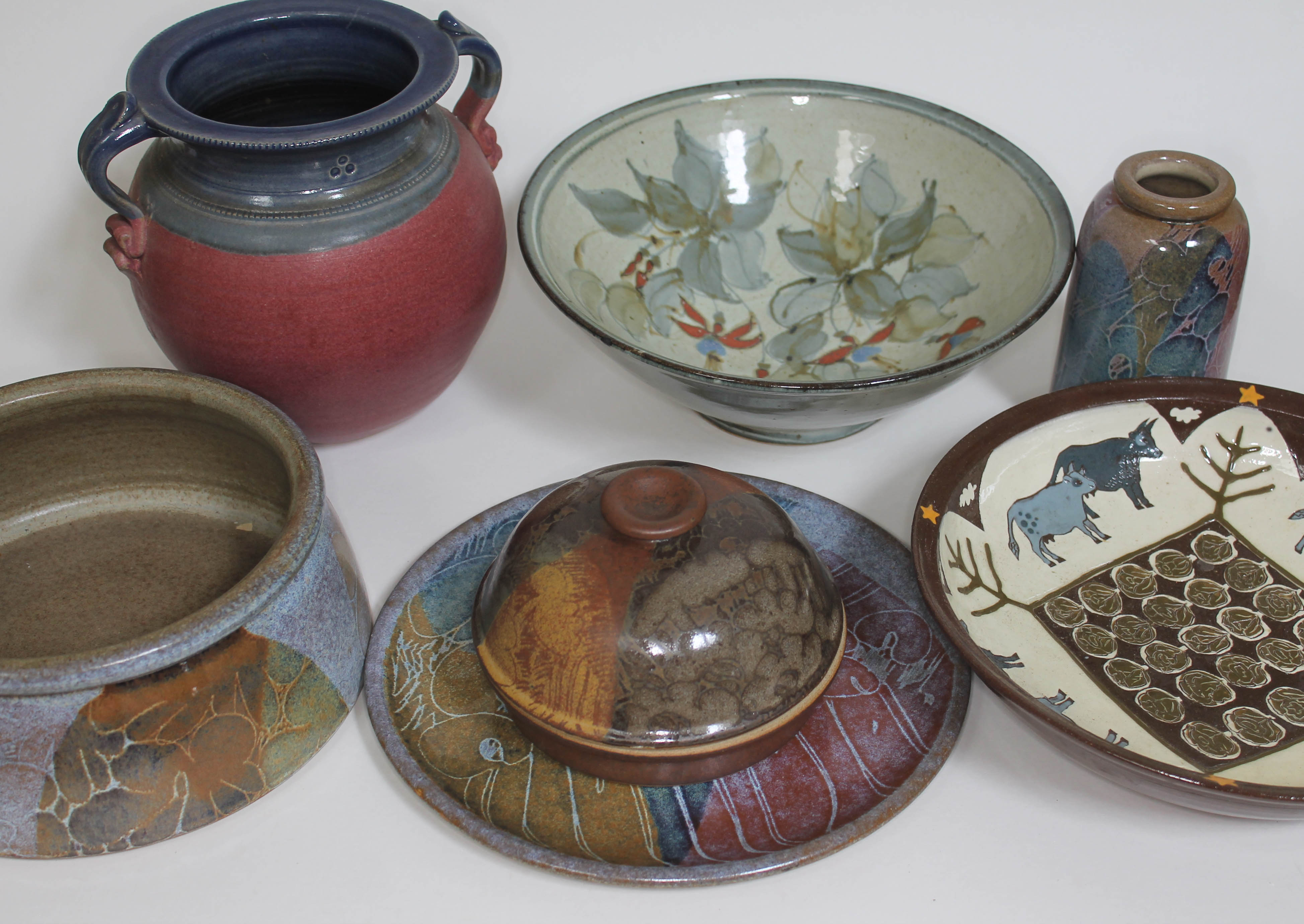 Six items of studio pottery comprising three items by Crich Pottery, a twin handled pot by St
